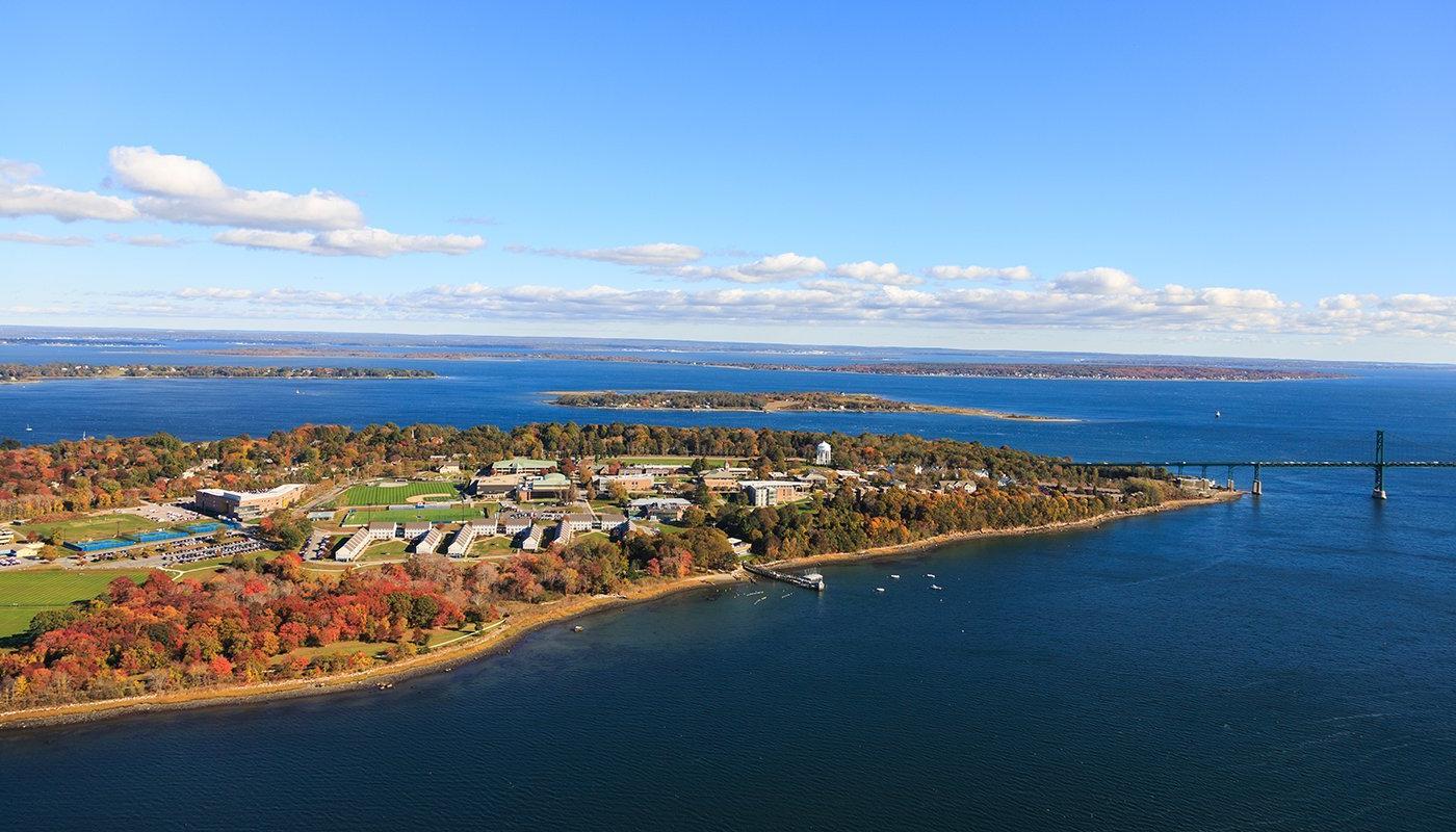 Aerial photo of the Roger Williams University campus.